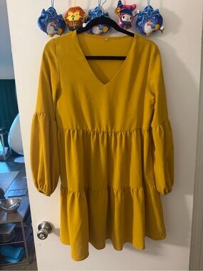 Mustard Yellow V-Neck Tiered Long-Sleeve Dress